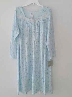 Aria Pale Blue Floral Nightgown with Lace Yoke Size L